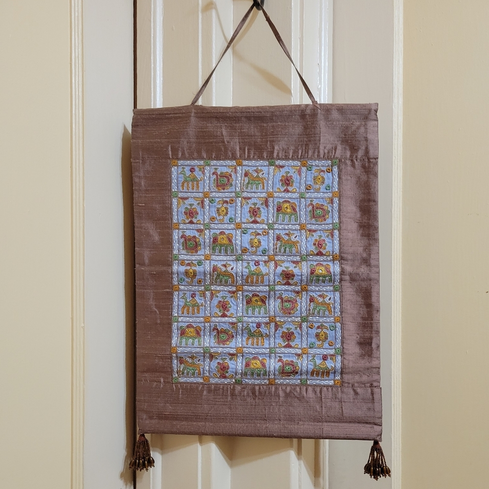 India Artisan Handmade Brown  Decorative Silk w/ Gold wall hanging/panel